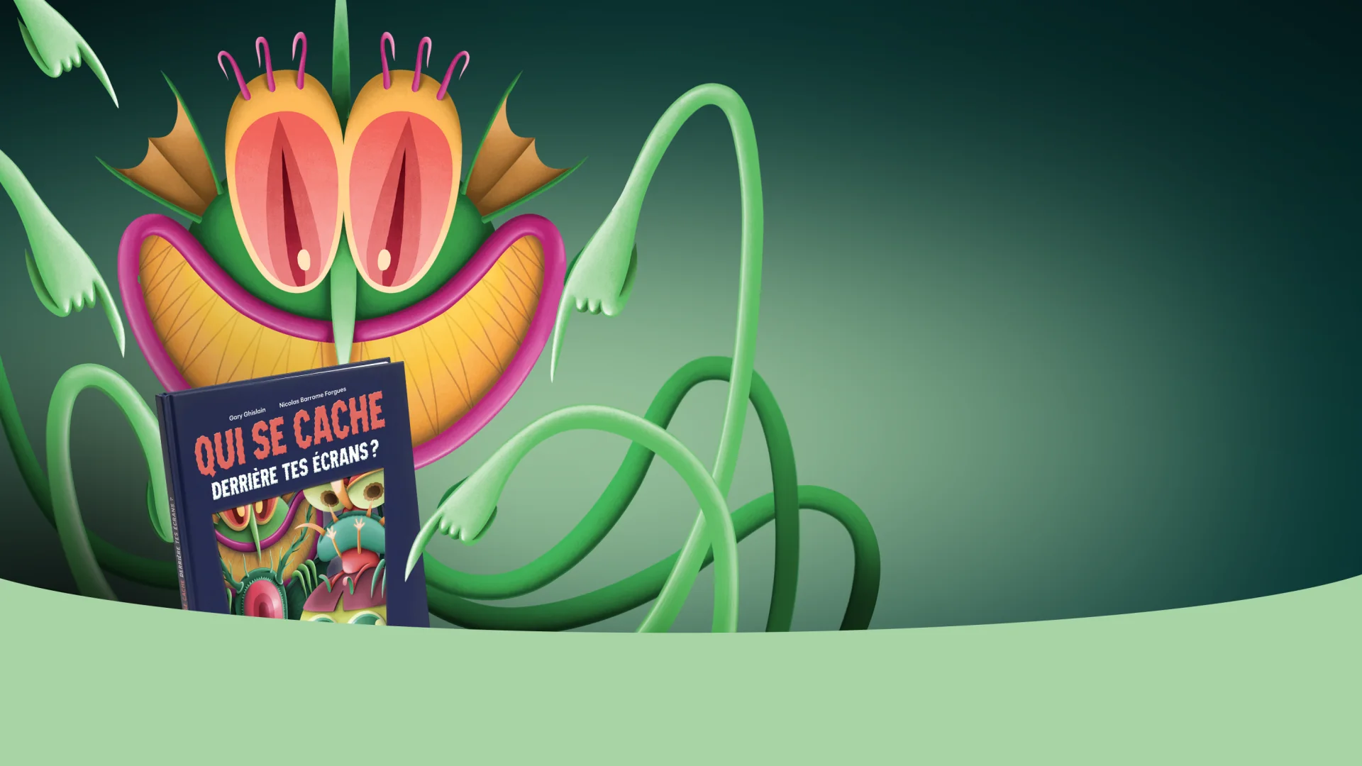 Un grand monstre vert aux yeux roses tient le livre Qui se cache derrière tes écrans ?