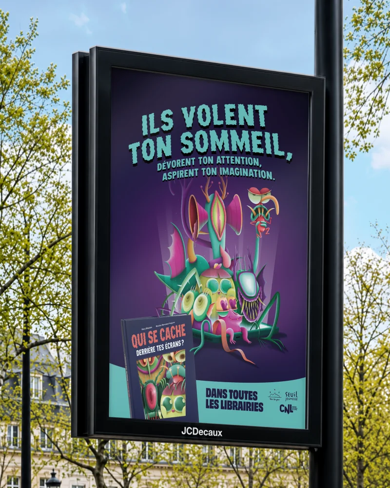 Affiche du monstre Dorjamé sur un panneau publicitaire